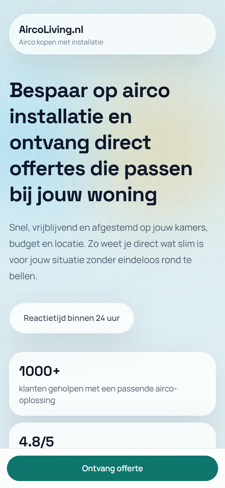 Homepage van AircoLiving.nl op mobiel