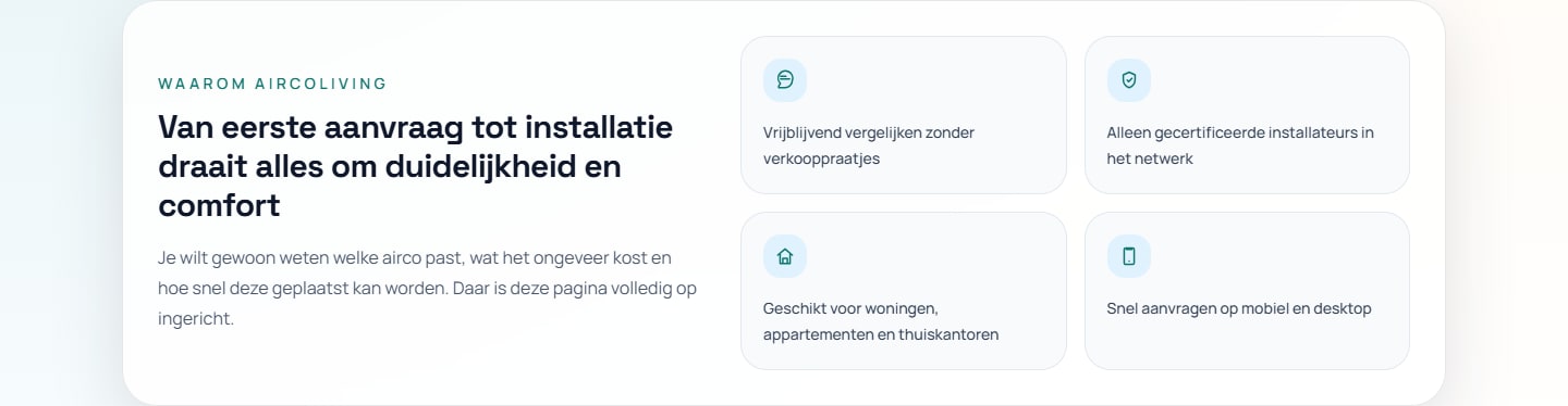 Sectie "Van eerste aanvraag tot installatie draait alles om duidelijkheid en comfort" van AircoLiving.nl