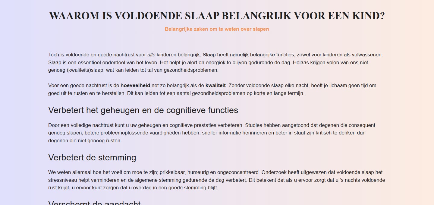 Sectie "WAAROM IS VOLDOENDE SLAAP BELANGRIJK VOOR EEN KIND?" van Bedtijd