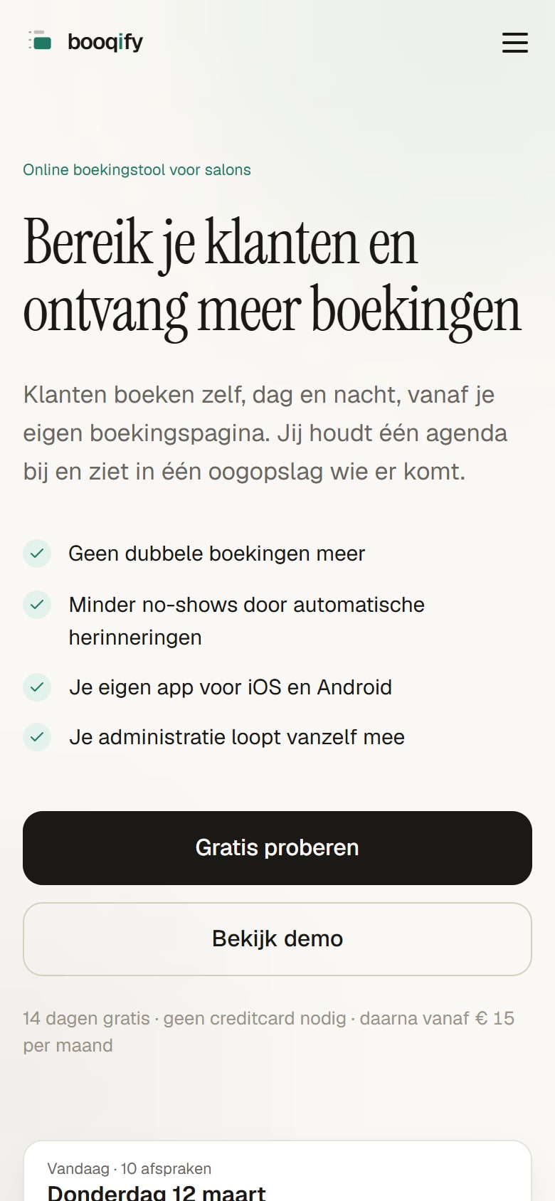 Homepage van Booqify op mobiel