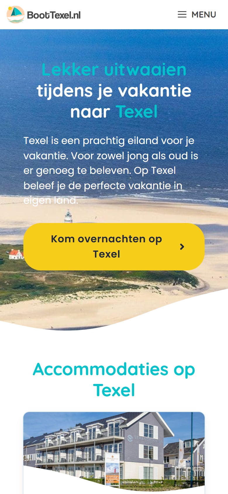 Homepage van Boot Texel op mobiel