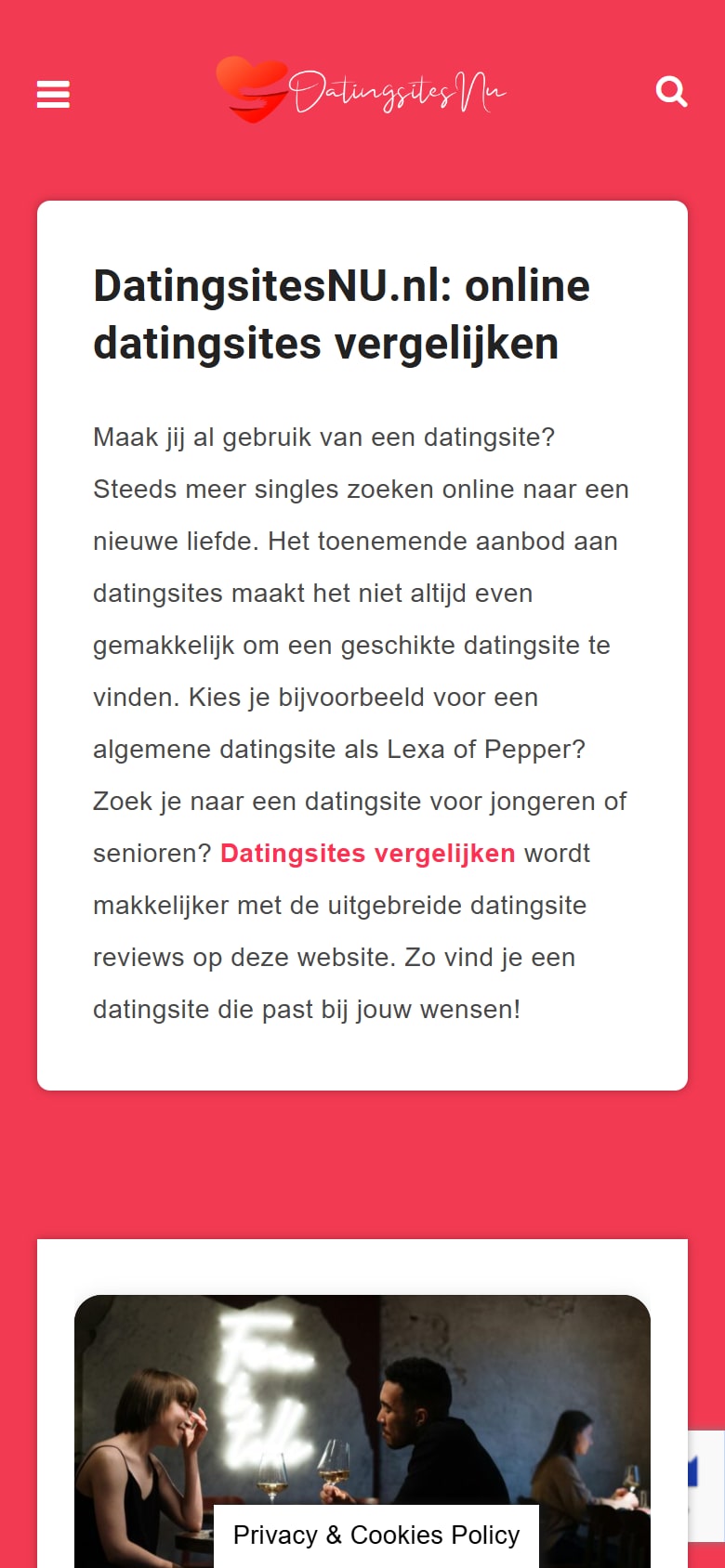 Homepage van DatingsitesNU.nl op mobiel