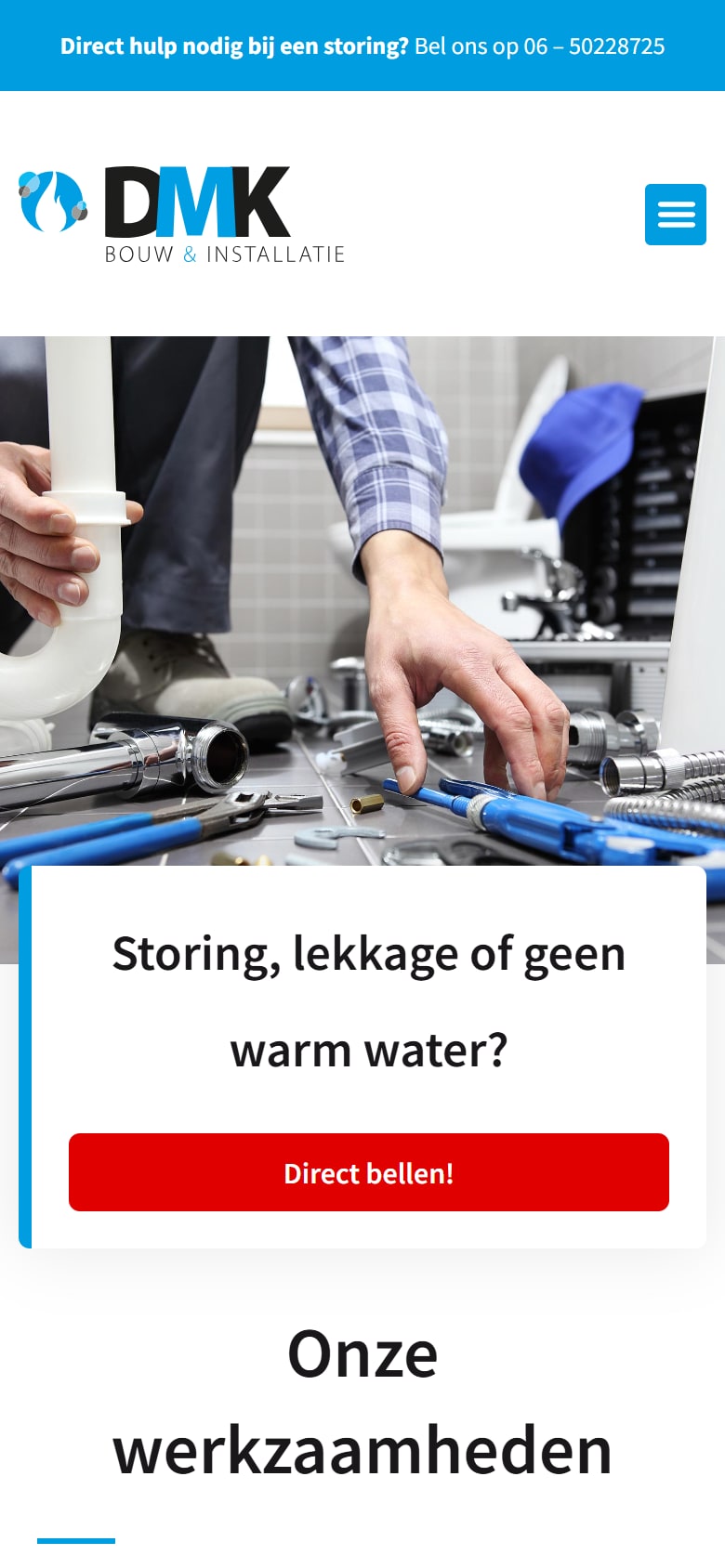 Homepage van DMK Bouw & Installatie op mobiel