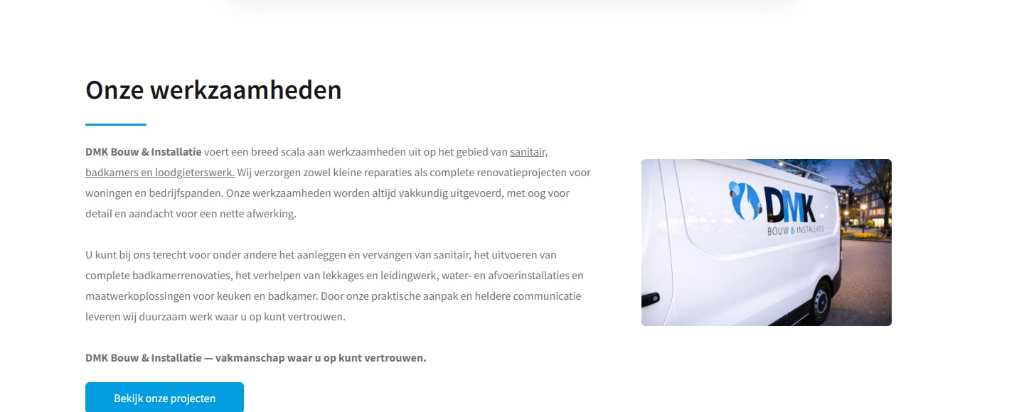 Sectie "Onze werkzaamheden" van DMK Bouw & Installatie