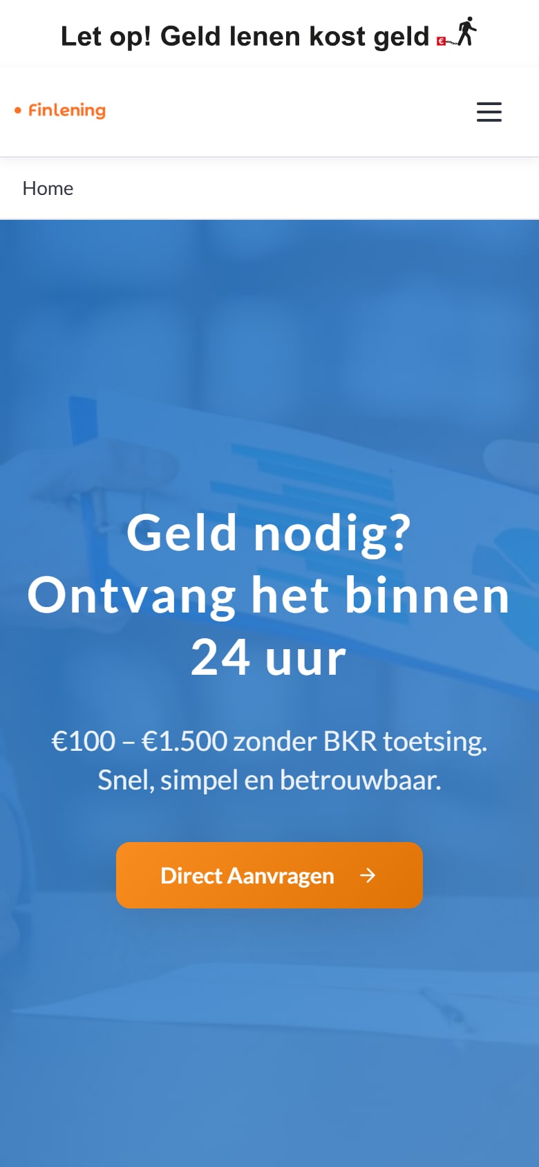 Homepage van Finlening.nl op mobiel