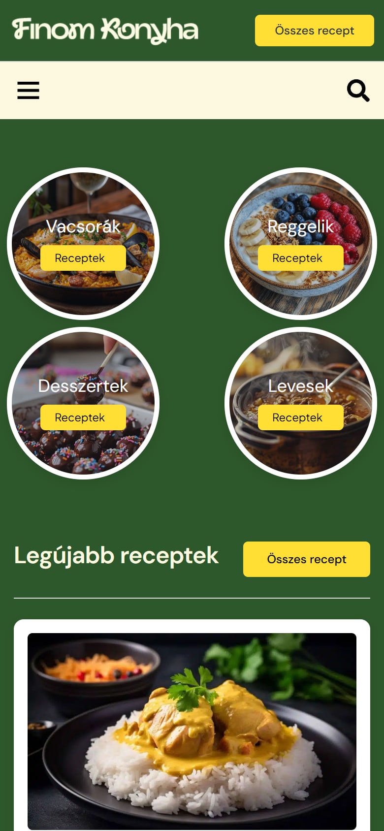 Homepage van FinomKonyha op mobiel