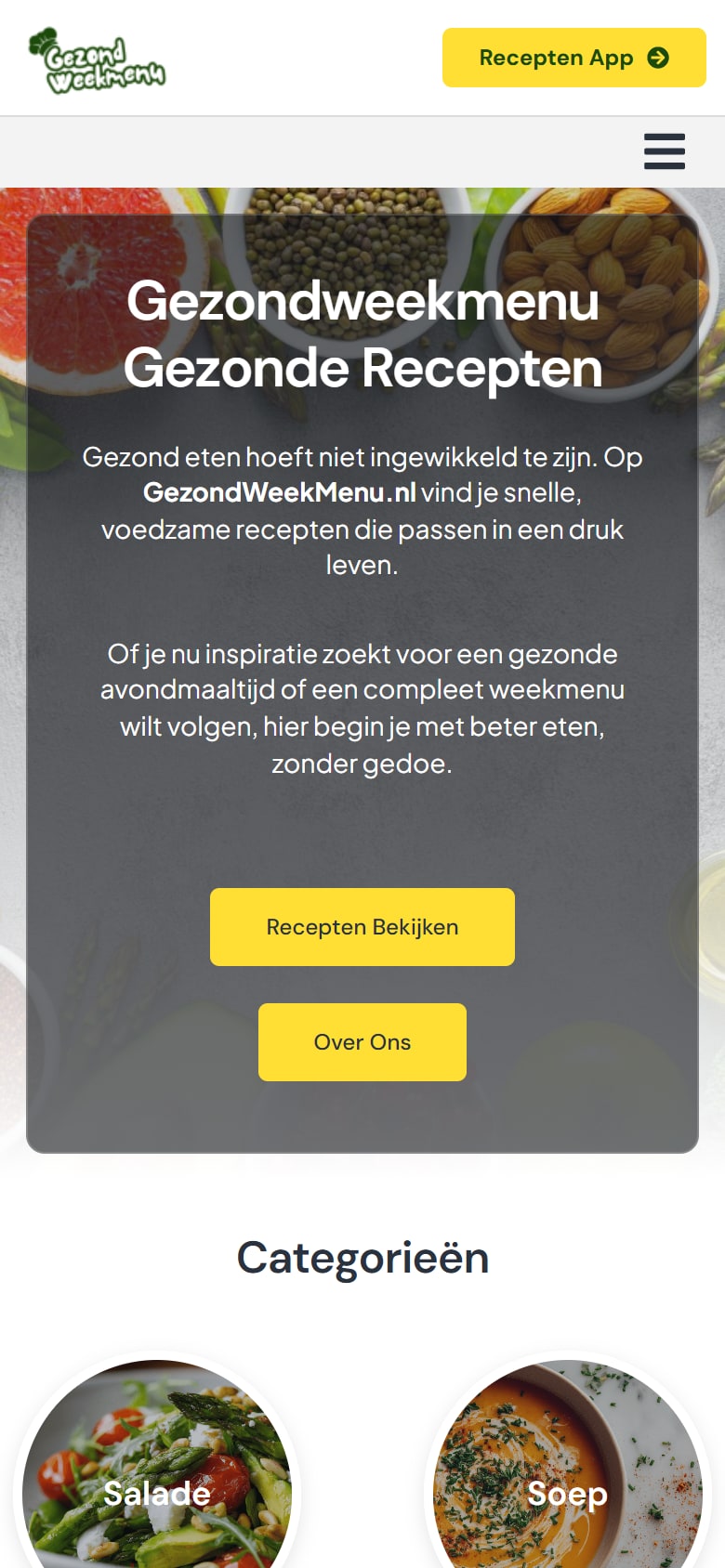 Homepage van Gezond Weekmenu op mobiel