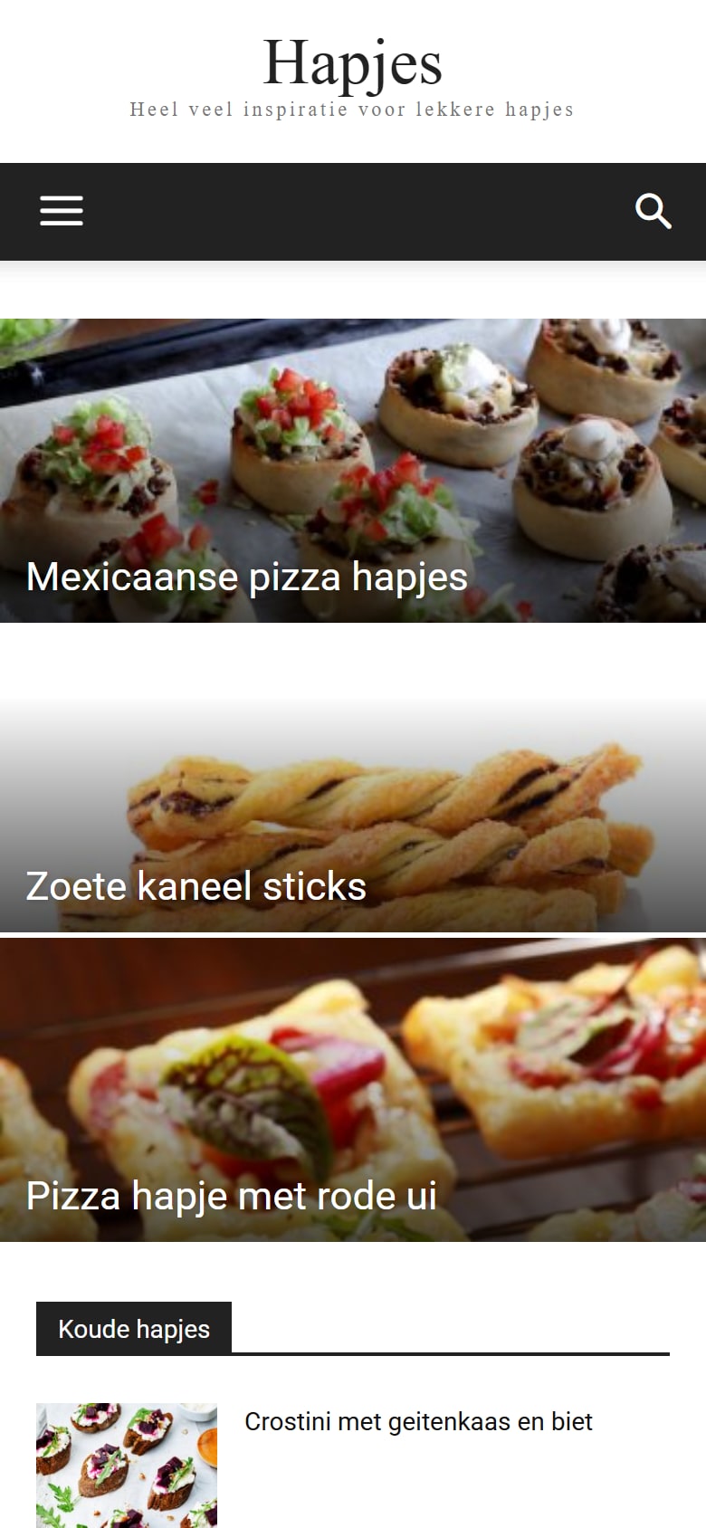 Homepage van Hapjes.info op mobiel