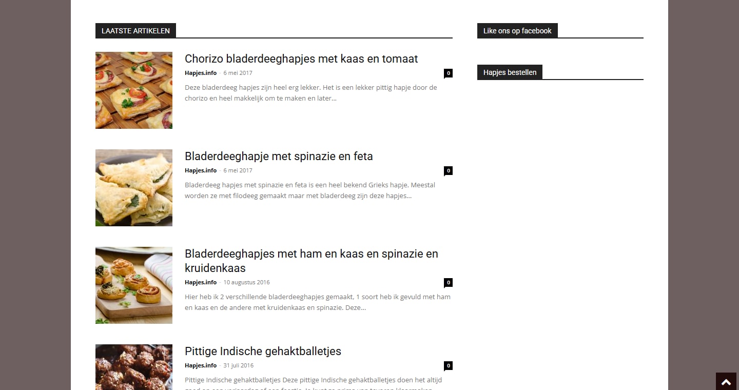 Sectie "Laatste artikelen" van Hapjes.info