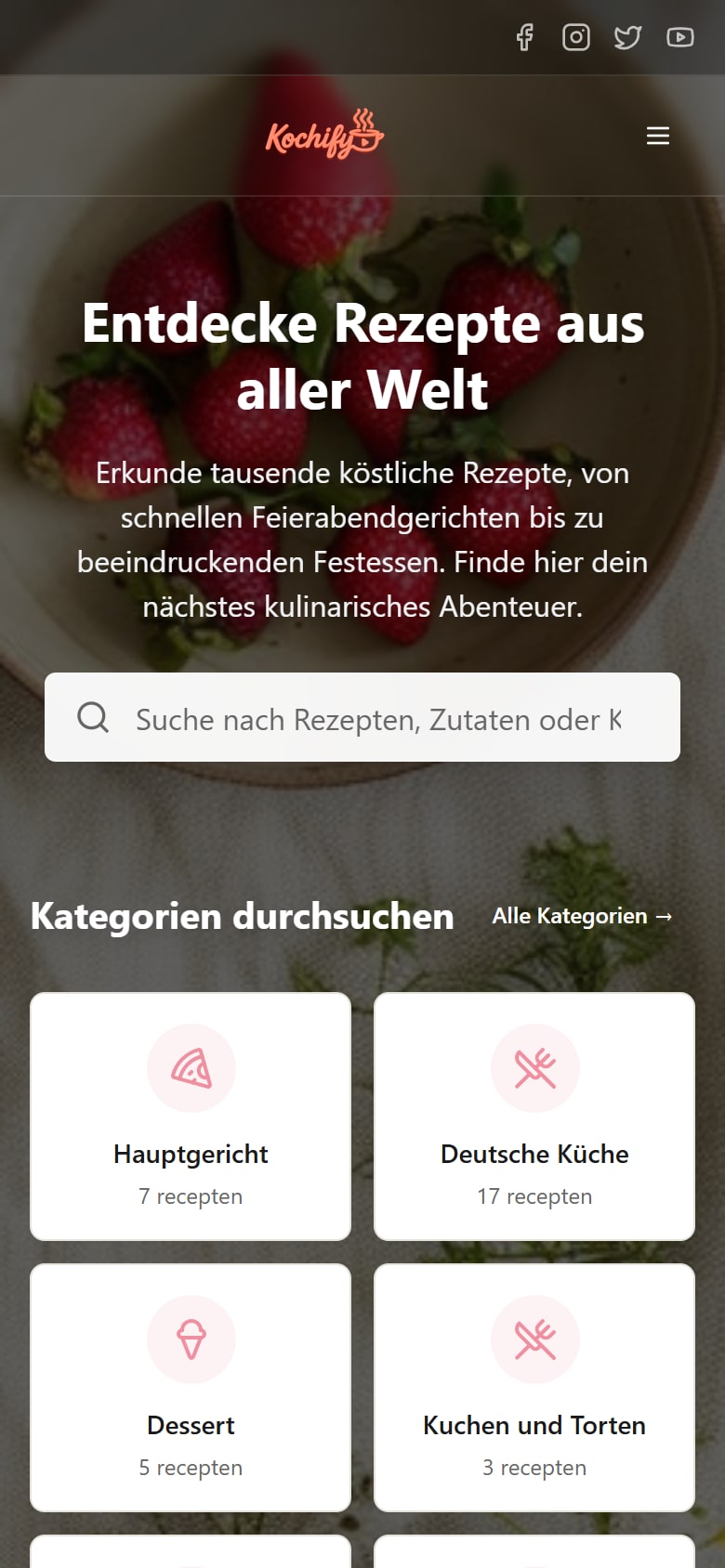 Homepage van Kochify op mobiel