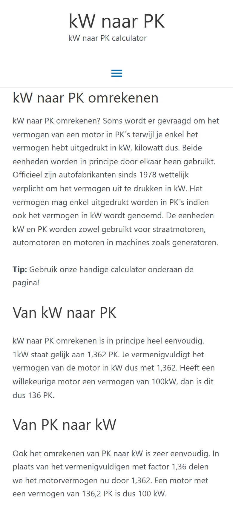 Homepage van kW naar PK op mobiel