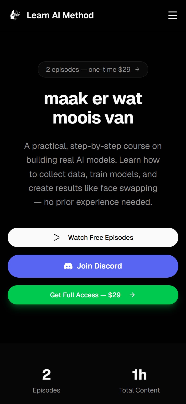 Homepage van Learn AI Method op mobiel