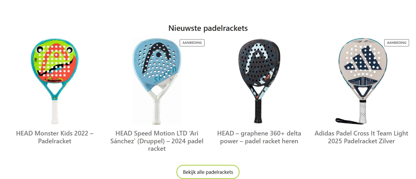 Sectie "Nieuwste padelrackets" van Meerpadel.nl
