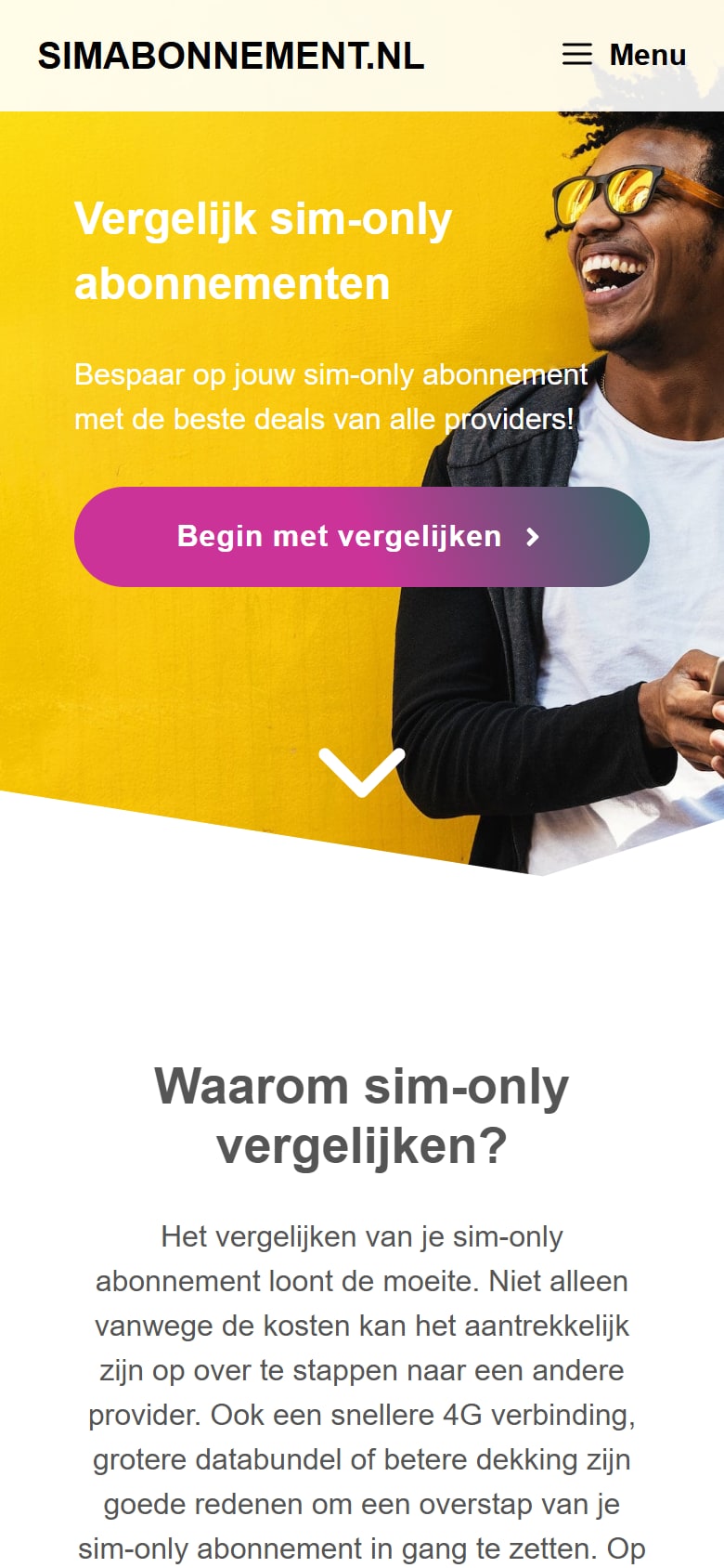Homepage van Simabonnement.nl op mobiel