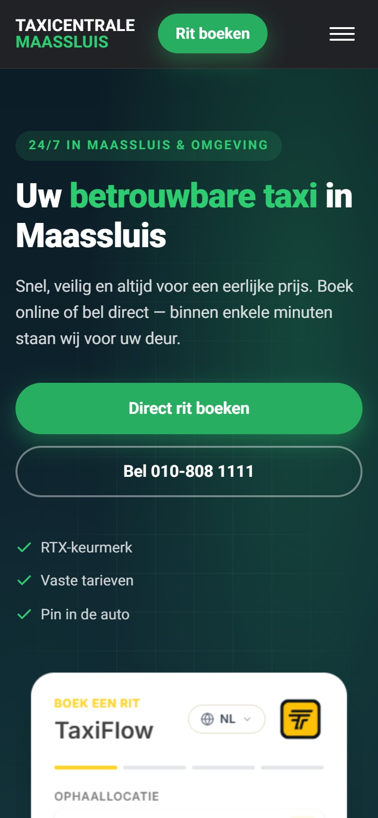 Homepage van TaxiCentrale Maassluis op mobiel