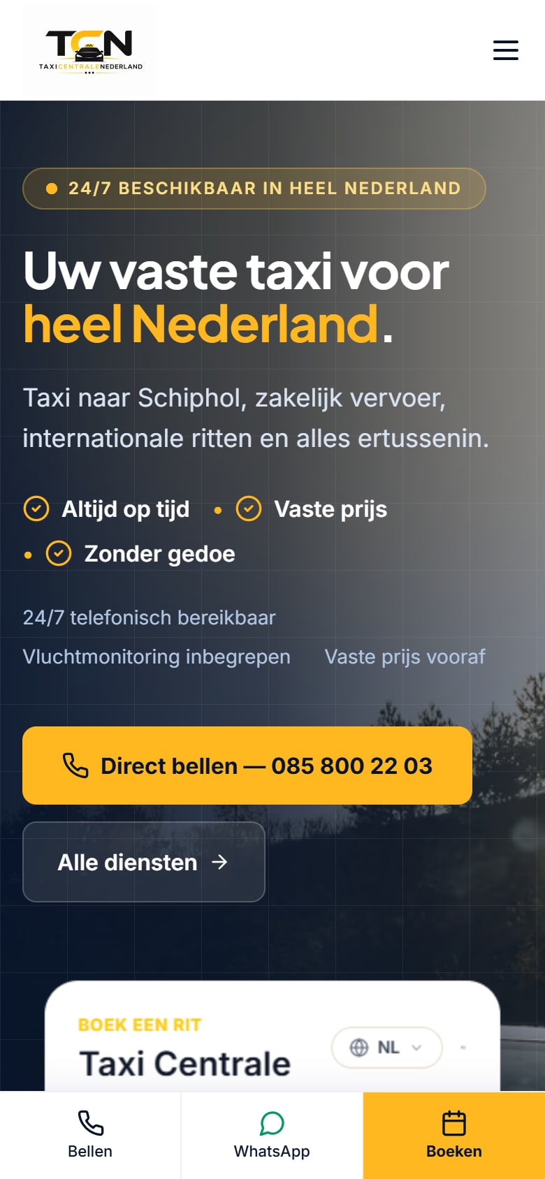 Homepage van Taxi Centrale Nederland op mobiel