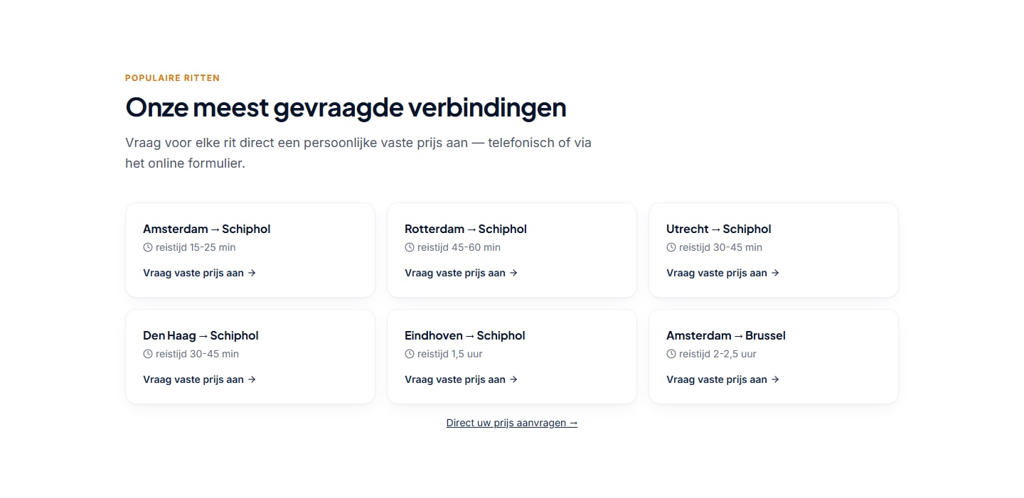 Sectie "Onze meest gevraagde verbindingen" van Taxi Centrale Nederland