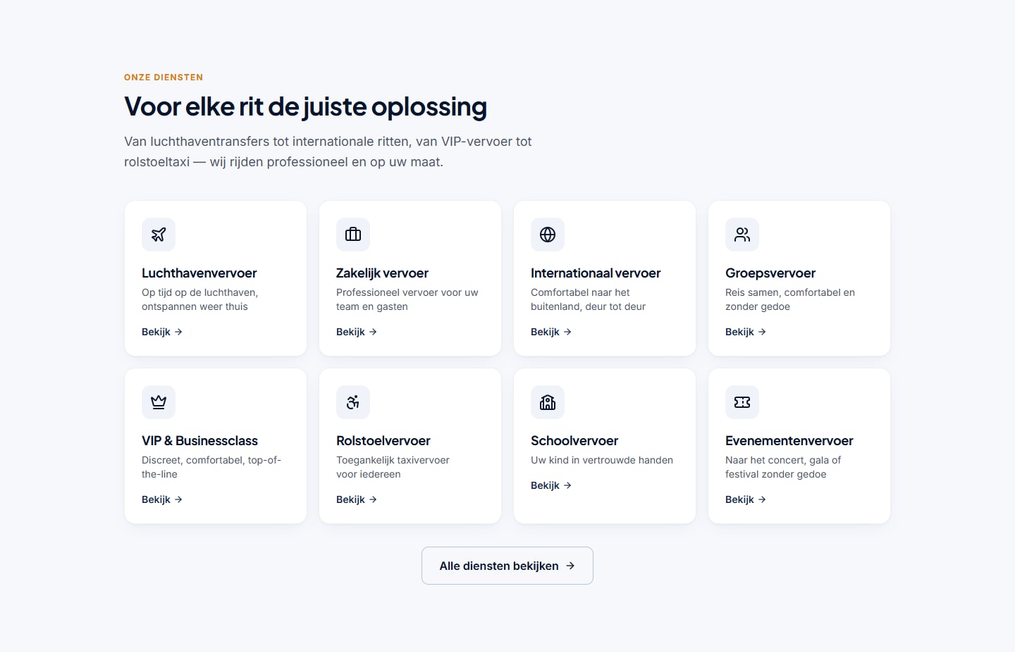 Sectie "Voor elke rit de juiste oplossing" van Taxi Centrale Nederland