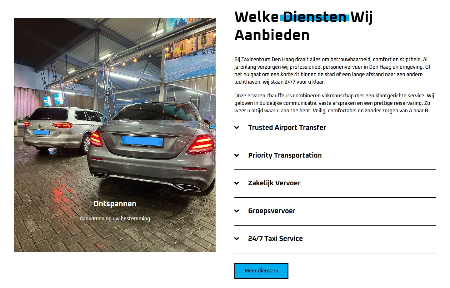 Sectie "Welke Diensten Wij Aanbieden" van Taxicentrum Den Haag