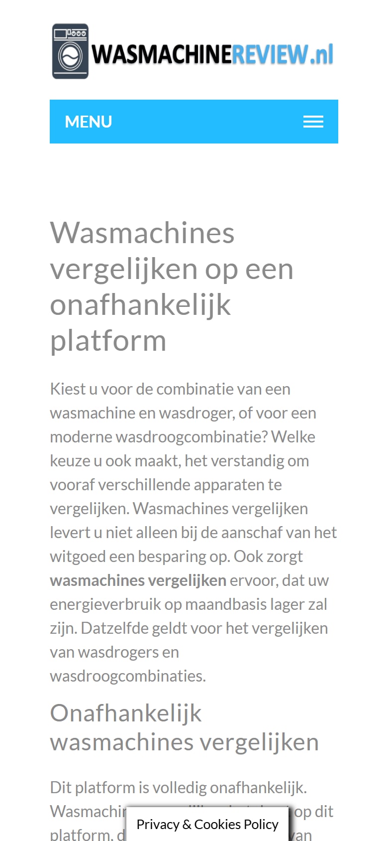 Homepage van Wasmachinereview.nl op mobiel
