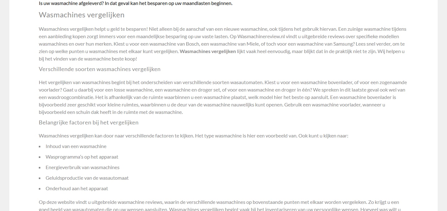 Sectie "Wasmachines vergelijken" van Wasmachinereview.nl
