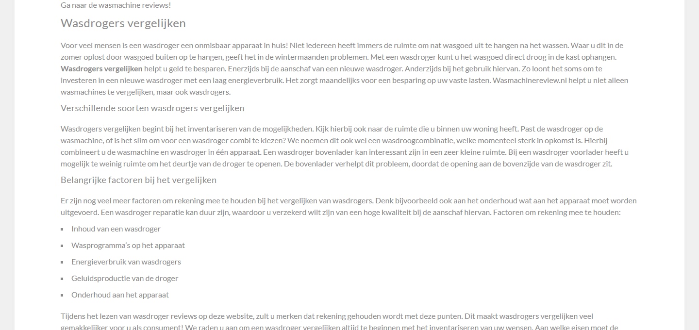 Sectie "Wasdrogers vergelijken" van Wasmachinereview.nl